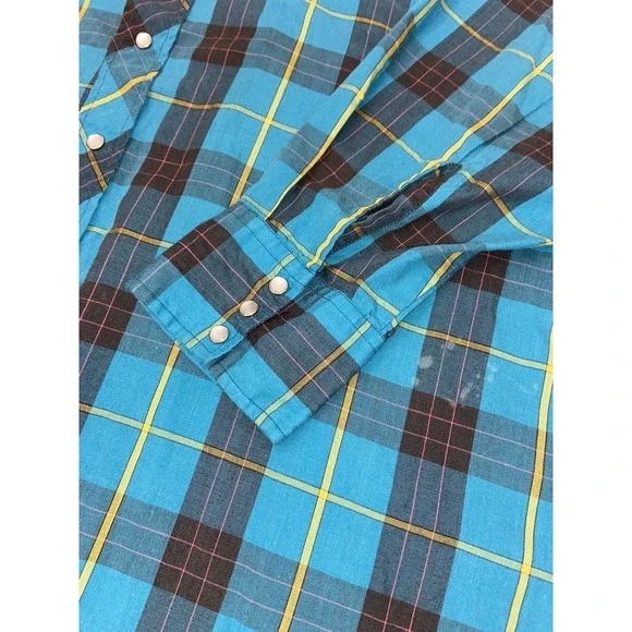 Wrangler Western Shirt Mens 2XL Big Man Blue Pearl Snap Plaid Button Down VTG - Picture 8 of 9